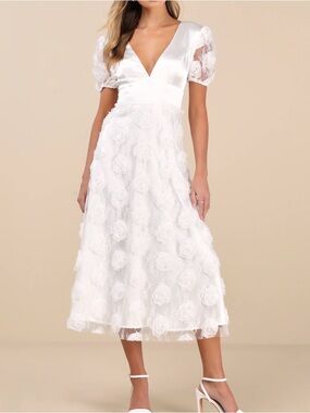 Lulu's White Midi Dress with 3D Floral Appliqués